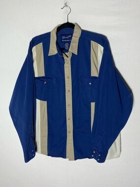 Vintage Wrangler Navy Blue and Beige Striped Cotton Western Button Up Shirt XL